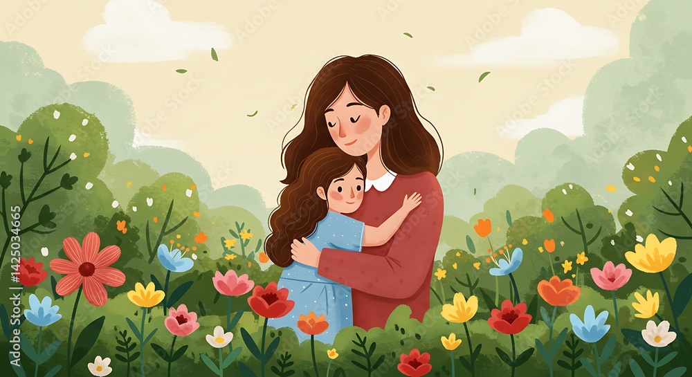 2D Illustration of Mom Hugging Her Daughter in a Garden 2D Illustration of Mom Hugging Her Daughter in a Garden