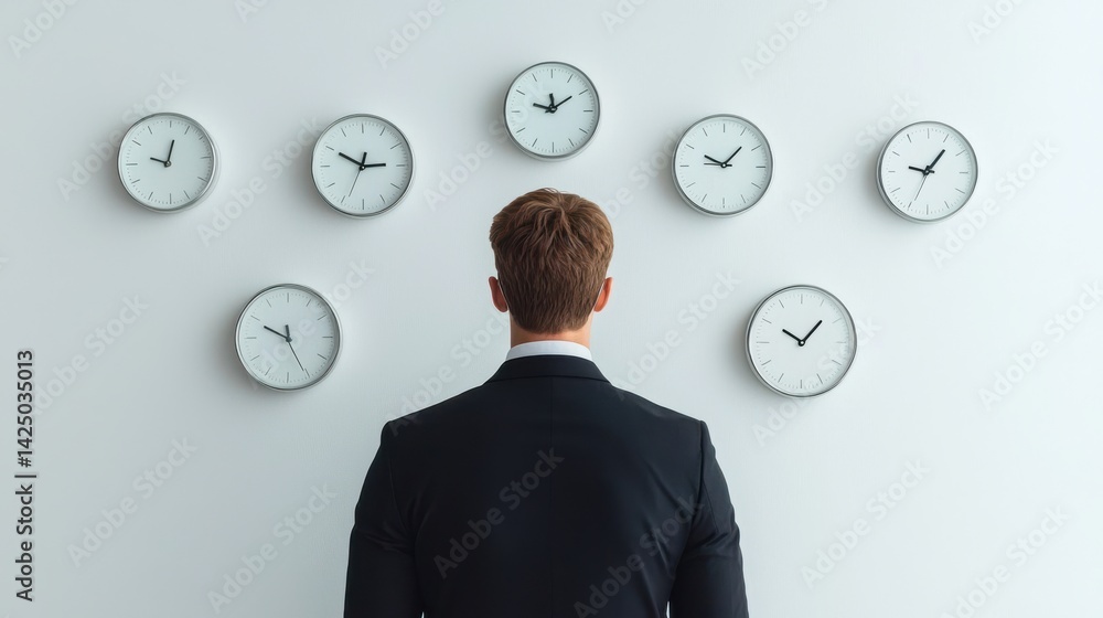 A businessman in a suit standing in an office environment surrounded by multiple clocks appears to be analyzing and adjusting his glasses as he focuses on managing his time and schedule effectively
