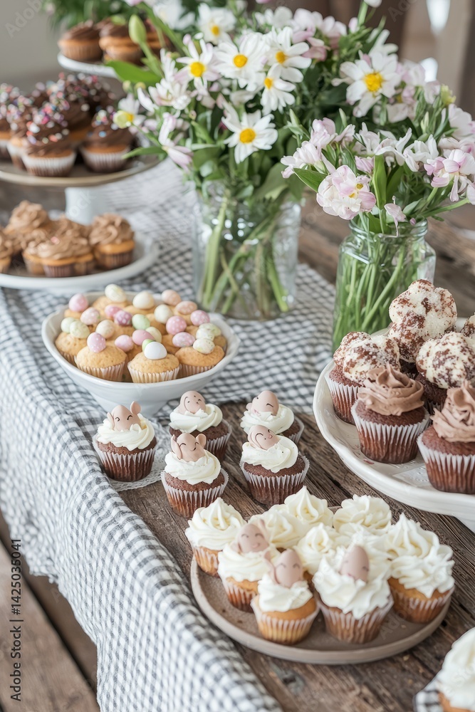 A rustic table covered in a checkered cloth holds Easter cupcakes, cookies shaped like bunnies, and bowls of chocolate eggs. Fresh flowers in mason jars are placed along the table. A rustic table covered in a checkered cloth holds Easter cupcakes, cookies shaped like bunnies, and bowls of chocolate eggs. Fresh flowers in mason jars are placed along the table.