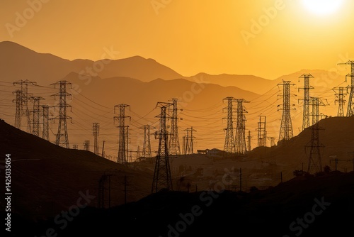 Golden Hour Landscape of Power Lines Stretching Across Rolling Hills With Warm Sunlight Energy and Industrial Infrastructure
