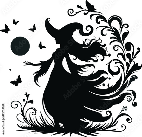 Enchanting Witch Silhouette: A bewitching witch silhouette conjures an ethereal and captivating Halloween scene, she stands gracefully.