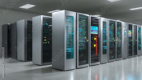 Modern server room showcasing cutting edge data storage high tech infrastructure computer network security