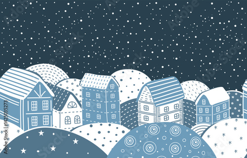 Winter Town. Seamless Abstract Border. Beautiful Houses. Christmas Background. Winter Landscape. Cozy Village. Blue White Houses, Snow. Hand Drawing Vector Illustration