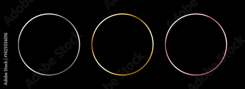 Gold and silver circle thin frame set. Shiny metal foil border collection. Golden glowing circle boarder bundle in art deco style. Linear round element pack for photo, cadre, card, emblem. Vector 