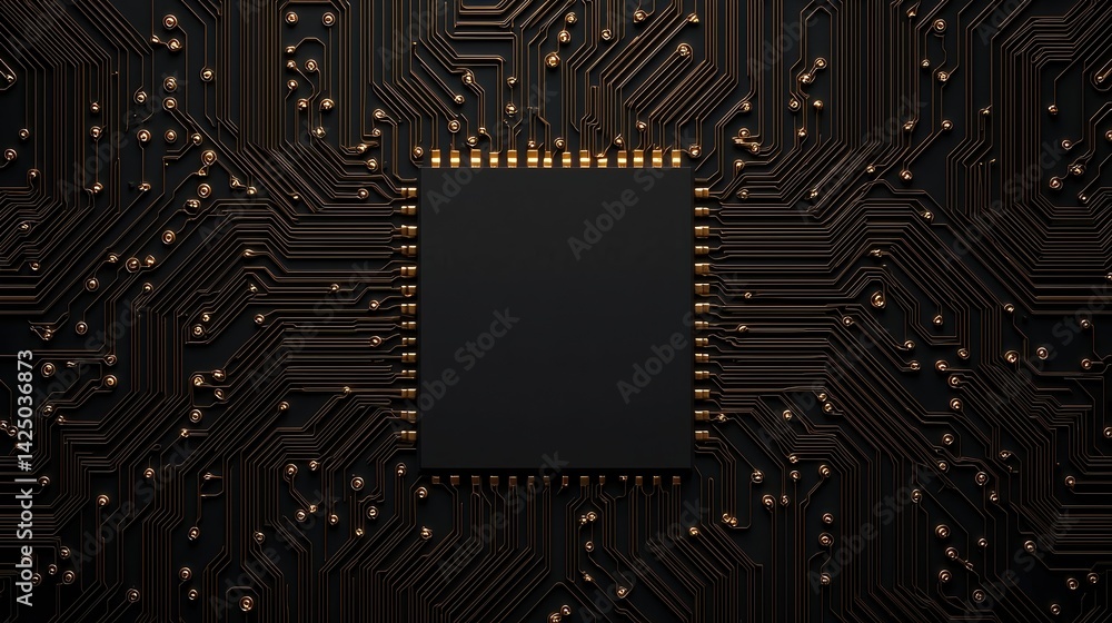 A close-up view of a black microchip surrounded by intricate circuit patterns on a dark background, illustrating technology and electronics. A close-up view of a black microchip surrounded by intricate circuit patterns on a dark background, illustrating technology and electronics.