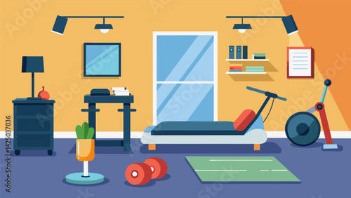 An unused guest bedroom transformed into a full home gym complete with a treadmill elliptical and weightlifting equipment.. Vector illustration