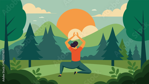 With the sun just peeking over the trees a person engages in a peaceful morning stretch routine in the center of a lush forest.. Vector illustration