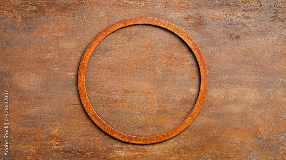 A circular rusty metal ring on a textured brown surface, creating an industrial and vintage aesthetic. A circular rusty metal ring on a textured brown surface, creating an industrial and vintage aesthetic.