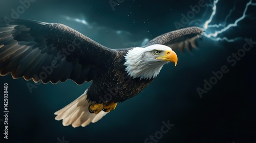 A majestic bird soars against a stormy sky illuminated by lightning. The bird's white head and yellow beak contrast with its dark feathers and the dramatic background