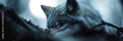Close up of an animal with intense eyes partially visible in a dark forest under a moonlit sky. The image is cold and captures a moment of wildlife in its natural environment