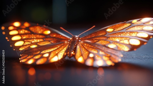 Close up view of a detailed butterfly with orange and yellow patterns on its wings against a blurred background. Focus is on the insect details with shiny effects