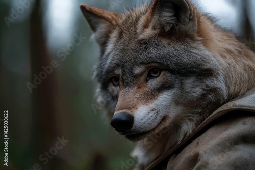 Close-up portrait of a canine with reddish-brown fur set against a blurred forest background with shallow depth of field. The animal appears calm with an attentive gaze