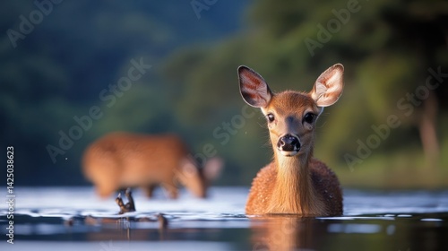 Deer submerged in water at daytime. One deer looking directly at camera while another blurred in the background. Surrounded by trees and water with natural lighting