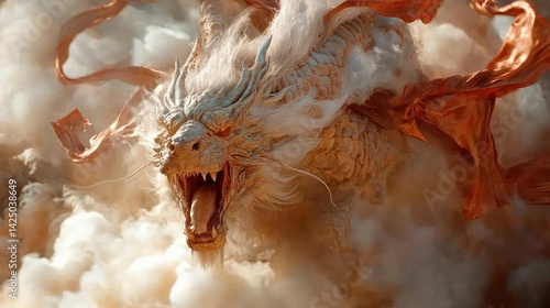 Generic digital artwork featuring a mythical creature with intricate details against a cloudy backdrop. The creature has golden features flowing ribbons and a fierce expression. 