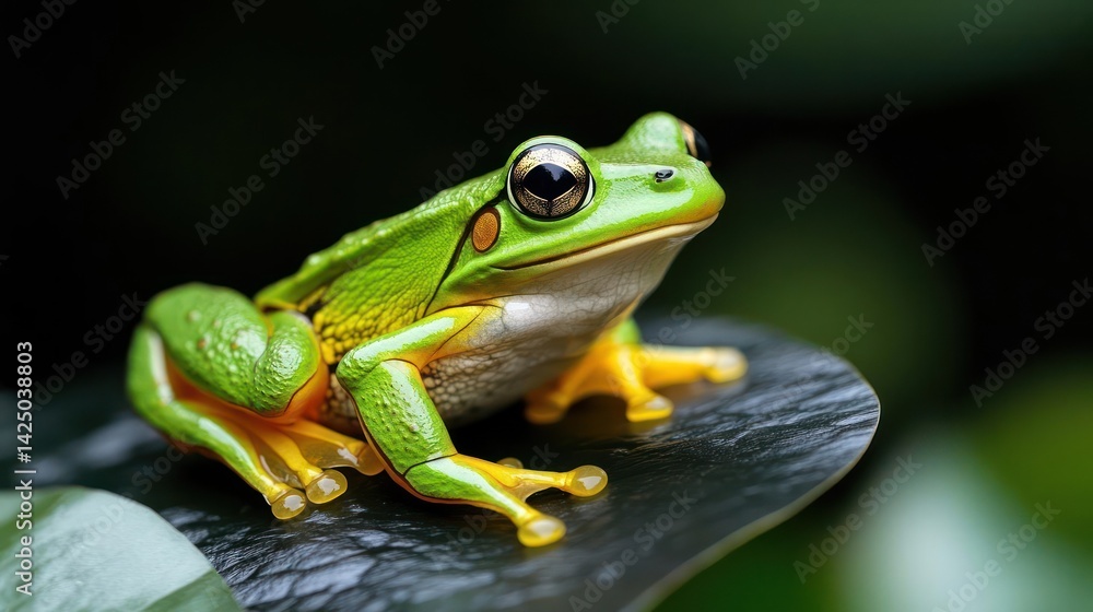 A vibrant green frog with yellow accents perches on a dark leaf against a blurred background. The image showcases the amphibian's texture and color in a natural setting A vibrant green frog with yellow accents perches on a dark leaf against a blurred background. The image showcases the amphibian's texture and color in a natural setting