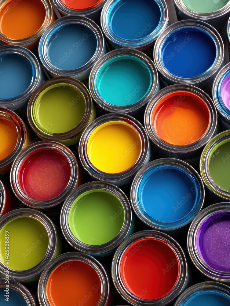 Fototapeta premium Vibrant paint colors arranged in circular containers top view colorful paint collection artsy mood