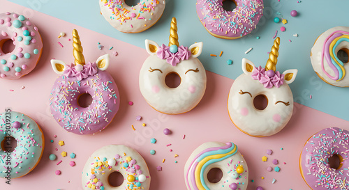 Delicious Unicorn And Assorted Doughnuts Displayed on A Split Background