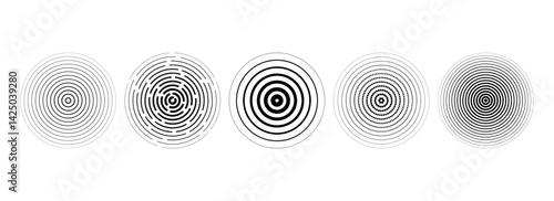 Black concentric circle collection. Dotted and dashed round sound wave set. Epicenter, target, radar, sonar icon concept. Radial radio signal or vibration elements. Linear halftone symbols. Vector