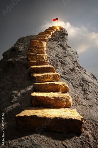 Stone staircase on mountain leading to a red flag at the top showcasing achievement success concept