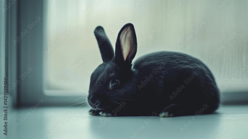 Obraz premium Black bunny resting by window