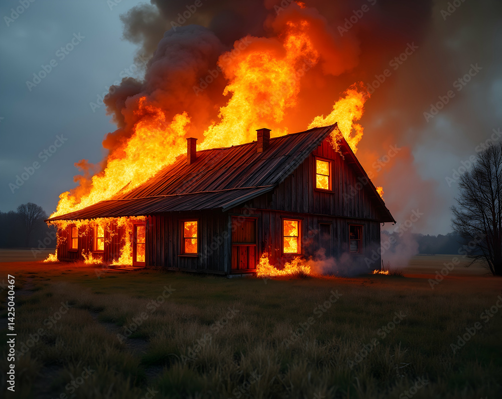 A Dramatic Depiction of a Rural House Engulfed in Flames Amidst a Seemingly Peaceful Countryside Setting Representing Destruction and Chaos Unfolding A Dramatic Depiction of a Rural House Engulfed in Flames Amidst a Seemingly Peaceful Countryside Setting Representing Destruction and Chaos Unfolding