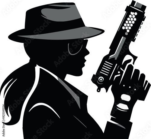 Shadow Agent Silhouette: An enigmatic silhouette of a figure in a trench coat and fedora, gripping a futuristic firearm. Perfect for representing mystery, espionage, and covert operations.