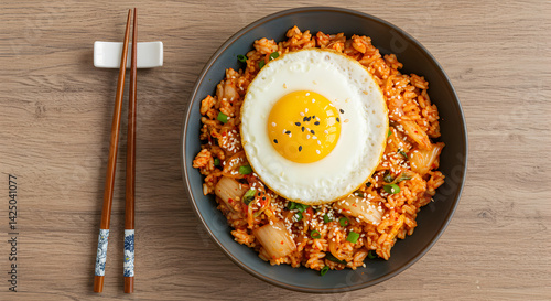 Delicious Kimchi Fried Rice Topped with Sunny Side Up Egg and Sesame Seeds