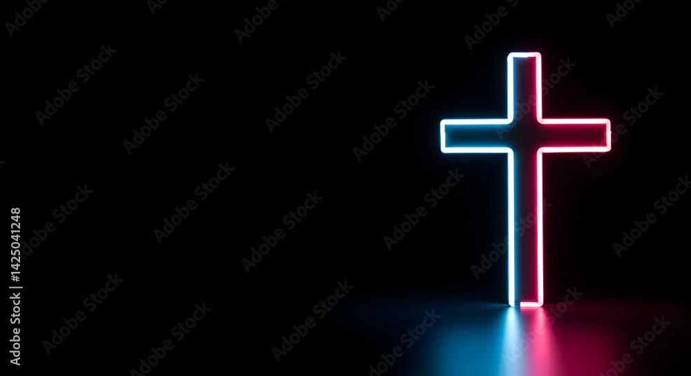 Fototapeta premium Illuminated Cross against Dark Backdrop with Cyan and Magenta Glow, a Symbol of Faith