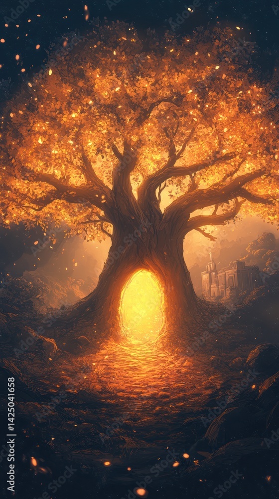 Magical glowing tree in enchanted forest Magical glowing tree in enchanted forest
