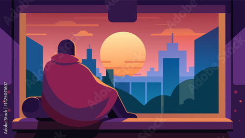 Cozying up in a warm blanket on a window seat watching the sun set over the city skyline after a long run.. Vector illustration