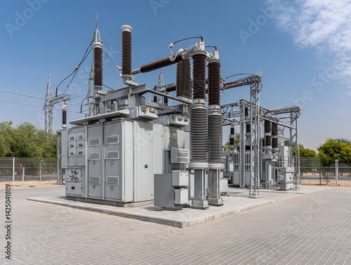 Electrical substation with power transformers providing electricity to the city under the serene blue sky