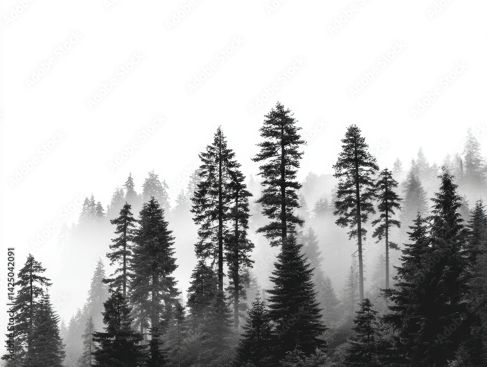 Misty coniferous forest in high contrast black and white creates a natural and serene mood peaceful scene captures woodland beauty Misty coniferous forest in high contrast black and white creates a natural and serene mood peaceful scene captures woodland beauty