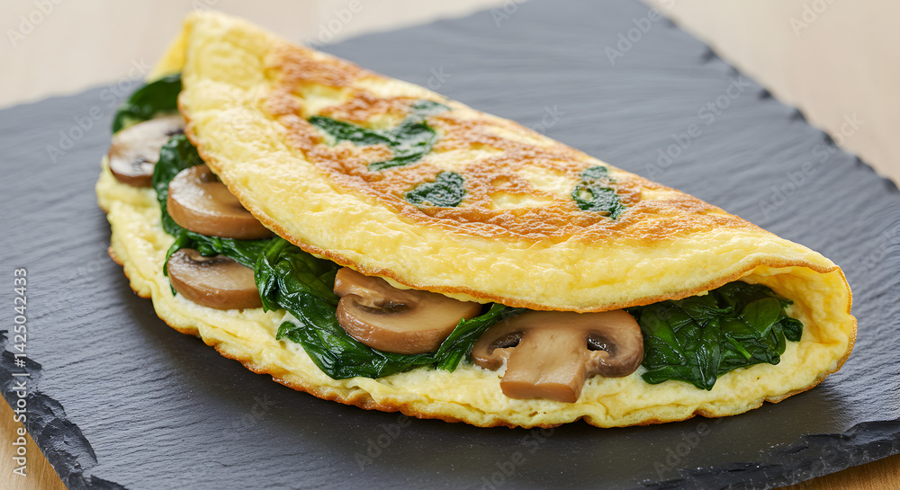 Delicious Homemade Omelet Filled With Spinach And Mushrooms Displayed On Plate Delicious Homemade Omelet Filled With Spinach And Mushrooms Displayed On Plate