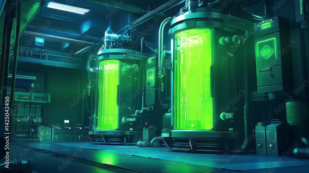 Futuristic bio lab with glowing green liquid in large glass containers. Futuristic bio lab with glowing green liquid in large glass containers.