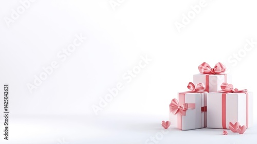 Stack of white gift boxes with pink ribbons and hearts