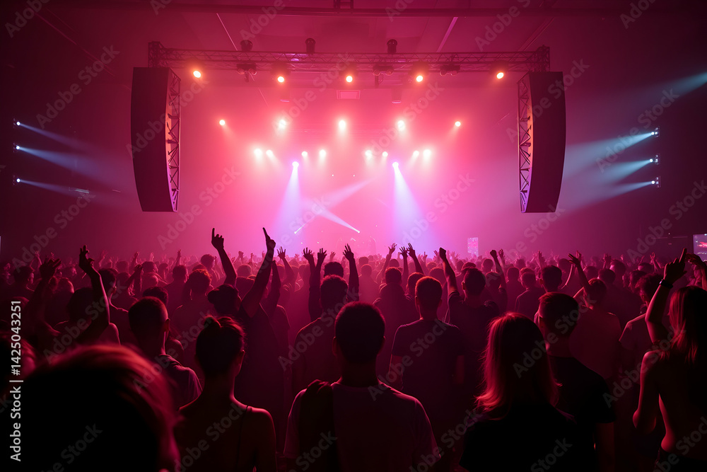 A high contrast photo capturing the vibrant energy of a massive dance floor filled with an ecstatic crowd enjoying a live music performance under a dynamic lighting display A high contrast photo capturing the vibrant energy of a massive dance floor filled with an ecstatic crowd enjoying a live music performance under a dynamic lighting display