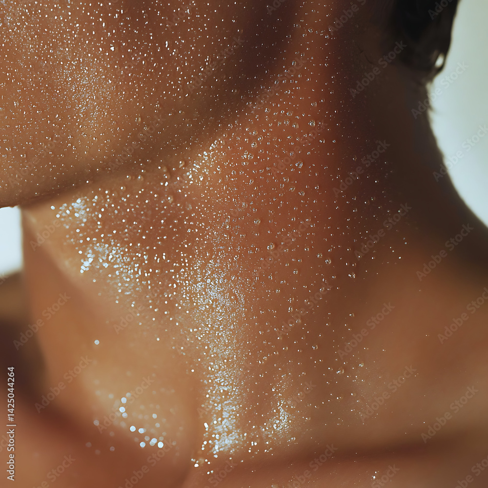 Fototapeta premium Close-up shot of a person's neck covered in sweat droplets, highlighting the details of skin