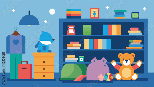 A dedicated childrens corner filled with gently used toys books and clothing.. Vector illustration