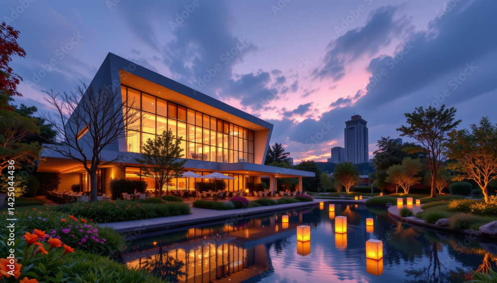 Fototapeta premium In serene urban landscape with modern building reflecting on peaceful pond at dusk scene is enhanced by lanterns and colorful flowers creating tranquil atmosphere