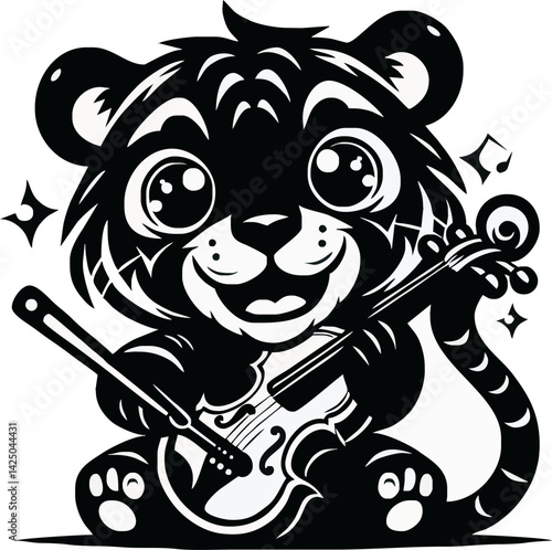 Musical tiger: A delightful illustration of a cartoon tiger playing the violin, exuding charm and musical talent.