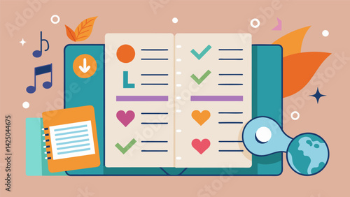 A scrapbookstyle design with images and lyrics from each song tered throughout the page with checkboxes for users to mark off as they listen. Vector illustration