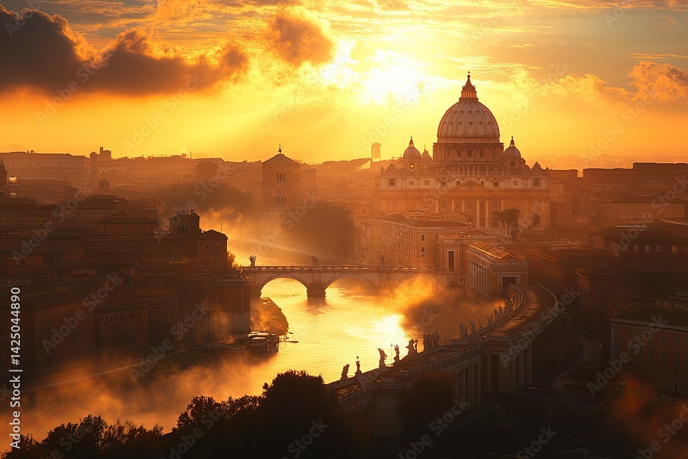 Obraz premium The golden hour illuminates a city with historical architectural structures