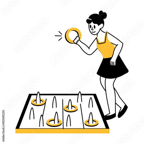 A character playing ring toss game, hand drawn style illustration 

