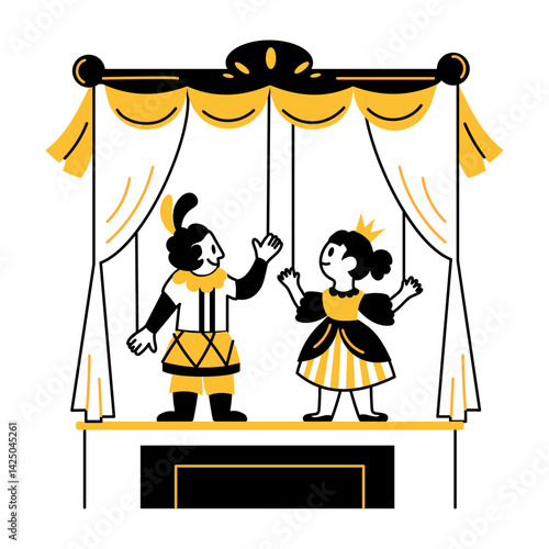 A hand drawn style illustration of a puppet show 

