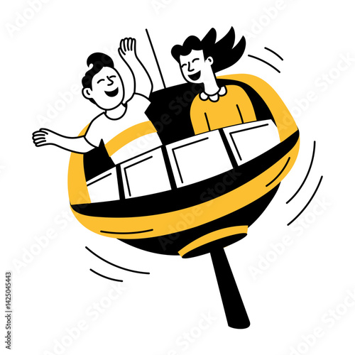 Hand drawn illustration showing people enjoying carnival ride 

