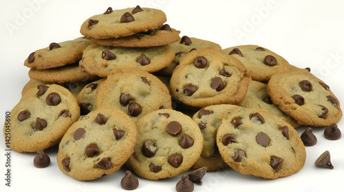 Delicious chocolate chip cookies piled high on a white background, perfect for baking blogs, recipes, or food advertisements