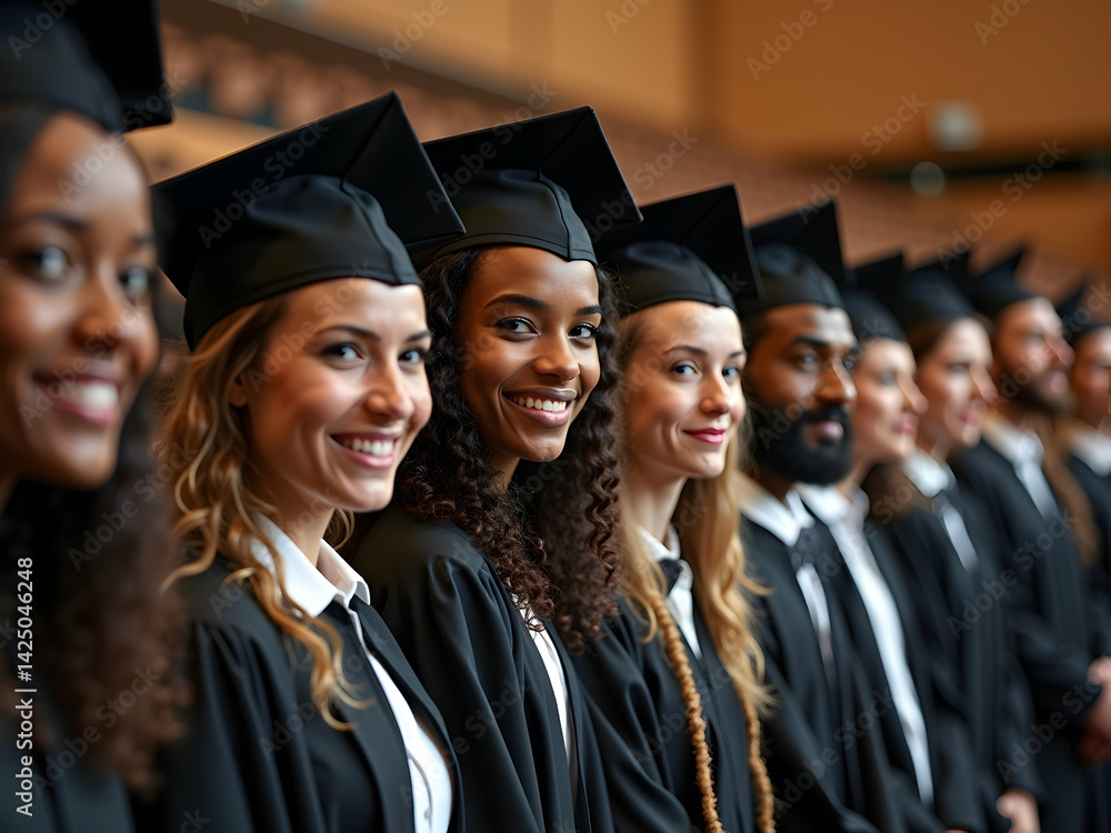 A Proud Line of Diverse Graduates Celebrating Academic Achievement and Success in Graduation Attire, Poised for a Future Filled with Opportunity and Global Impact A Proud Line of Diverse Graduates Celebrating Academic Achievement and Success in Graduation Attire, Poised for a Future Filled with Opportunity and Global Impact