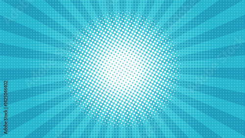 Blue Comic Style Background with Halftone Dots and Sunburst Effect. Blue sunny pop art retro background