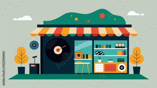 A local souvenir shop sells trinkets made from recycled vinyl records offering tourists a unique and environmentallyfriendly souvenir option. Vector illustration