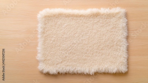 A soft, fluffy rug or mat with a textured surface, placed on a light wooden floor, creating a cozy and inviting atmosphere.